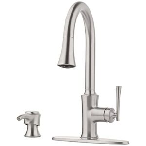 pfister antrom kitchen faucet with pull down sprayer and soap dispenser, single handle, high arc, spot defense stainless steel finish, f5297aogs