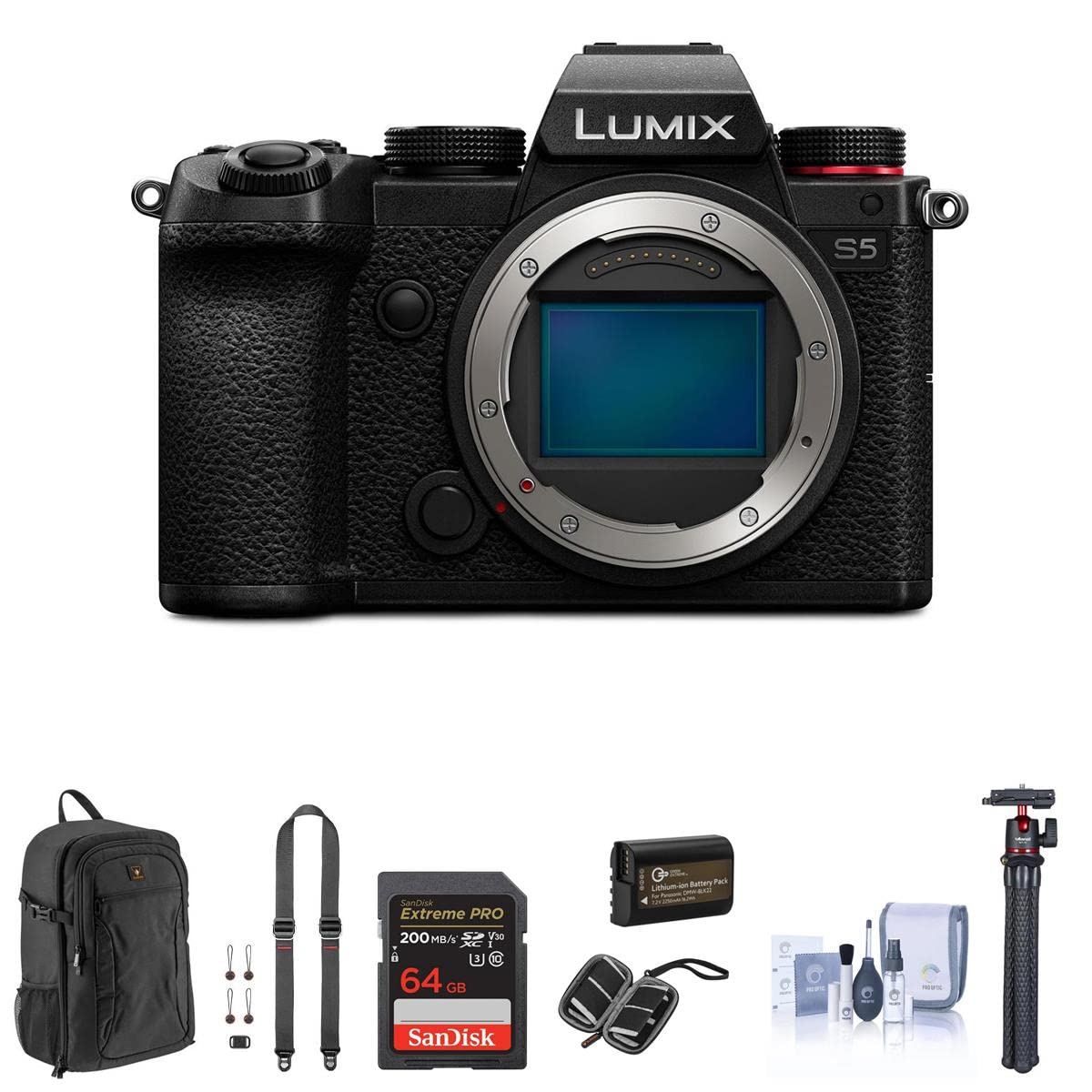 Panasonic Lumix DC-S5 Mirrorless Camera Bundle with 64GB SD Card, Card Case, Backpack, Shoulder Strap, Octopus Tripod, Extra Battery, Cleaning Kit