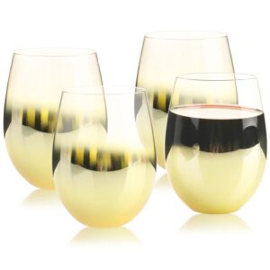 MyGift Brass Metallic Gradient Stemless Wine Glass Set of 4, Wine Glasses for Red or White Wine