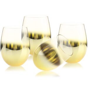 MyGift Brass Metallic Gradient Stemless Wine Glass Set of 4, Wine Glasses for Red or White Wine