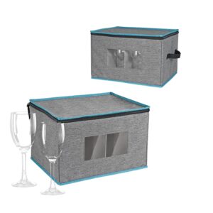 benzoyl wine glass stemware storage box with lid, padded hard shell box with dividers, handle 12 holds wine glasses canvas case, china storage containers for champagne, wine gray 2 packs