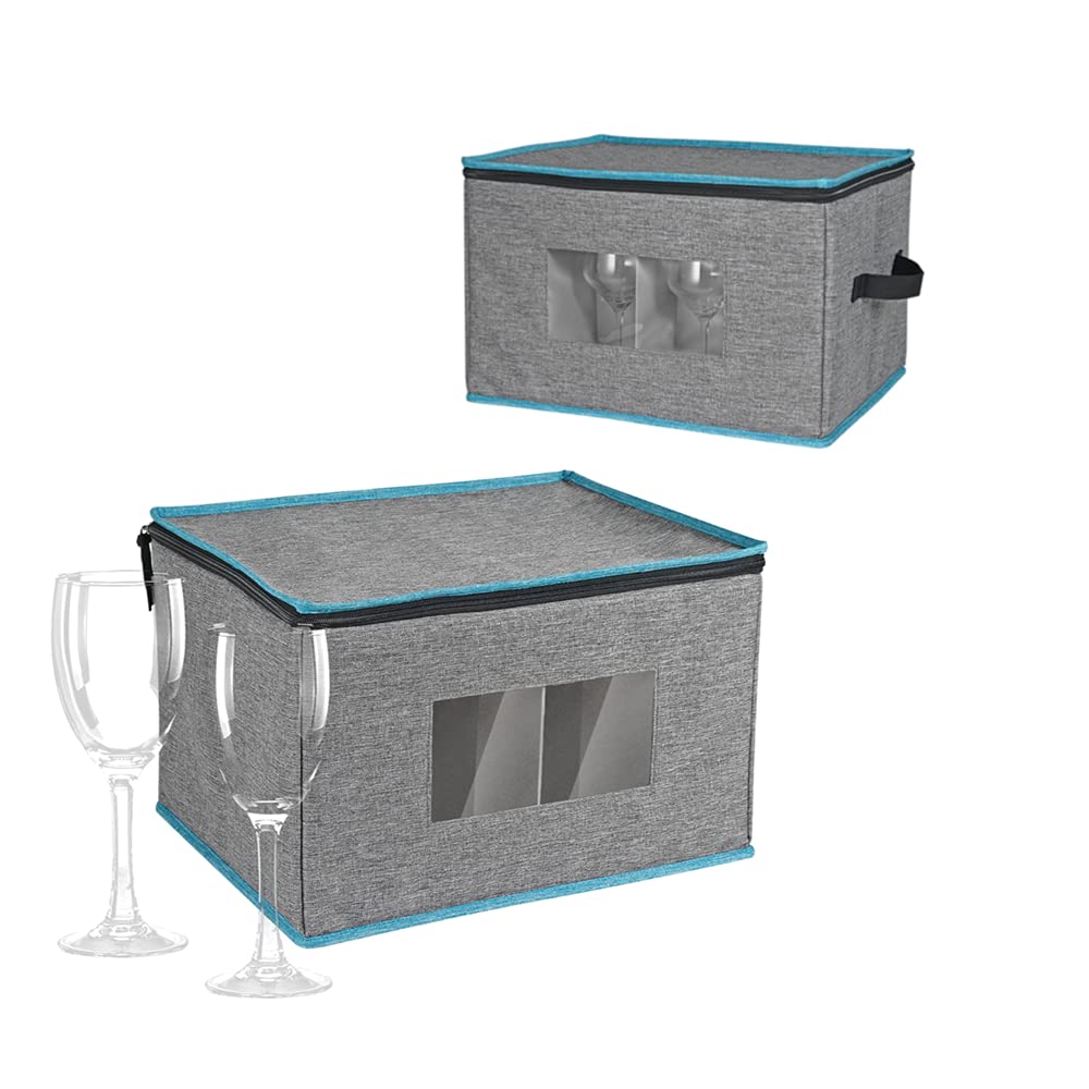 Benzoyl Wine Glass Stemware Storage Box with Lid, Padded Hard Shell Box with Dividers, Handle 12 Holds Wine Glasses Canvas Case, China Storage Containers for Champagne, Wine Gray 2 Packs