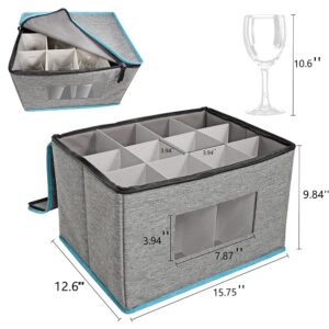 Benzoyl Wine Glass Stemware Storage Box with Lid, Padded Hard Shell Box with Dividers, Handle 12 Holds Wine Glasses Canvas Case, China Storage Containers for Champagne, Wine Gray 2 Packs