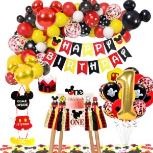 mickey 1st birthday party supplies include banner, welcome sign door hanger, cake topper, confetti, hat, high chair banner, balloons graland arch, for mickey theme mouse party decorations