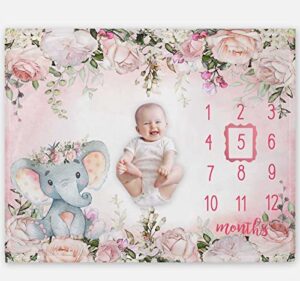 popfavors yuzioey baby girl monthly milestone blanket, floral elephant month blanket for newborn baby shower, pink elephant girl flower blanket growth chart monthly blanket, includes marker (50x40)