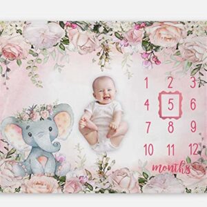 Popfavors Yuzioey Baby Girl Monthly Milestone Blanket, Floral Elephant Month Blanket for Newborn Baby Shower, Pink Elephant Girl Flower Blanket Growth Chart Monthly Blanket, Includes Marker (50x40)