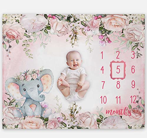 Popfavors Yuzioey Baby Girl Monthly Milestone Blanket, Floral Elephant Month Blanket for Newborn Baby Shower, Pink Elephant Girl Flower Blanket Growth Chart Monthly Blanket, Includes Marker (50x40)