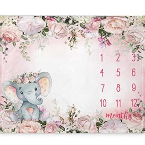 Popfavors Yuzioey Baby Girl Monthly Milestone Blanket, Floral Elephant Month Blanket for Newborn Baby Shower, Pink Elephant Girl Flower Blanket Growth Chart Monthly Blanket, Includes Marker (50x40)