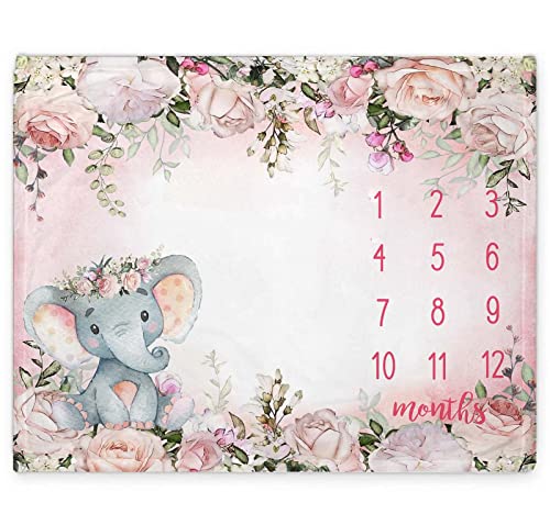 Popfavors Yuzioey Baby Girl Monthly Milestone Blanket, Floral Elephant Month Blanket for Newborn Baby Shower, Pink Elephant Girl Flower Blanket Growth Chart Monthly Blanket, Includes Marker (50x40)