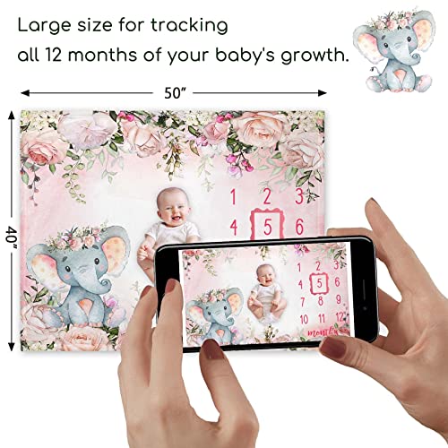 Popfavors Yuzioey Baby Girl Monthly Milestone Blanket, Floral Elephant Month Blanket for Newborn Baby Shower, Pink Elephant Girl Flower Blanket Growth Chart Monthly Blanket, Includes Marker (50x40)