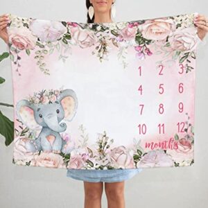 Popfavors Yuzioey Baby Girl Monthly Milestone Blanket, Floral Elephant Month Blanket for Newborn Baby Shower, Pink Elephant Girl Flower Blanket Growth Chart Monthly Blanket, Includes Marker (50x40)