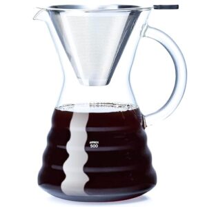 unbreakable pour over coffee maker with permanent stainless filter 27 fl oz, thickened heat-resistant borosilicate glass dripper coffee pour over, stovetop safe, 6-7 cups