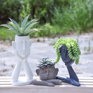 frozzur 3pcs human face shaped flower pots, irregular modern head busts, indoor outdoor christmas decorative garden figurines, boy planters with drainage holes for succulent plants, white khaki grey