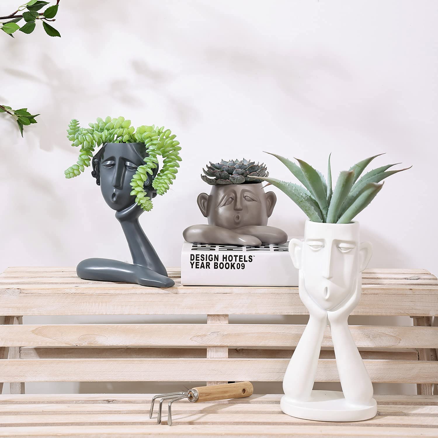 FROZZUR 3PCS Human Face Shaped Flower Pots, Irregular Modern Head Busts, Indoor Outdoor Christmas Decorative Garden Figurines, Boy Planters with Drainage Holes for Succulent Plants, White Khaki Grey