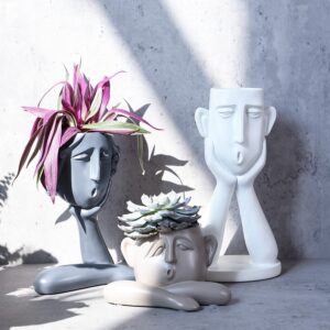 FROZZUR 3PCS Human Face Shaped Flower Pots, Irregular Modern Head Busts, Indoor Outdoor Christmas Decorative Garden Figurines, Boy Planters with Drainage Holes for Succulent Plants, White Khaki Grey