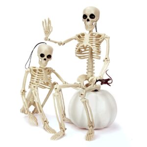 2pcs skeleton halloween decorations, 16" full body posable skeleton with movable joints for halloween party haunted house outdoor yard tree desk decor, holiday scary toys prizes gifts for kids