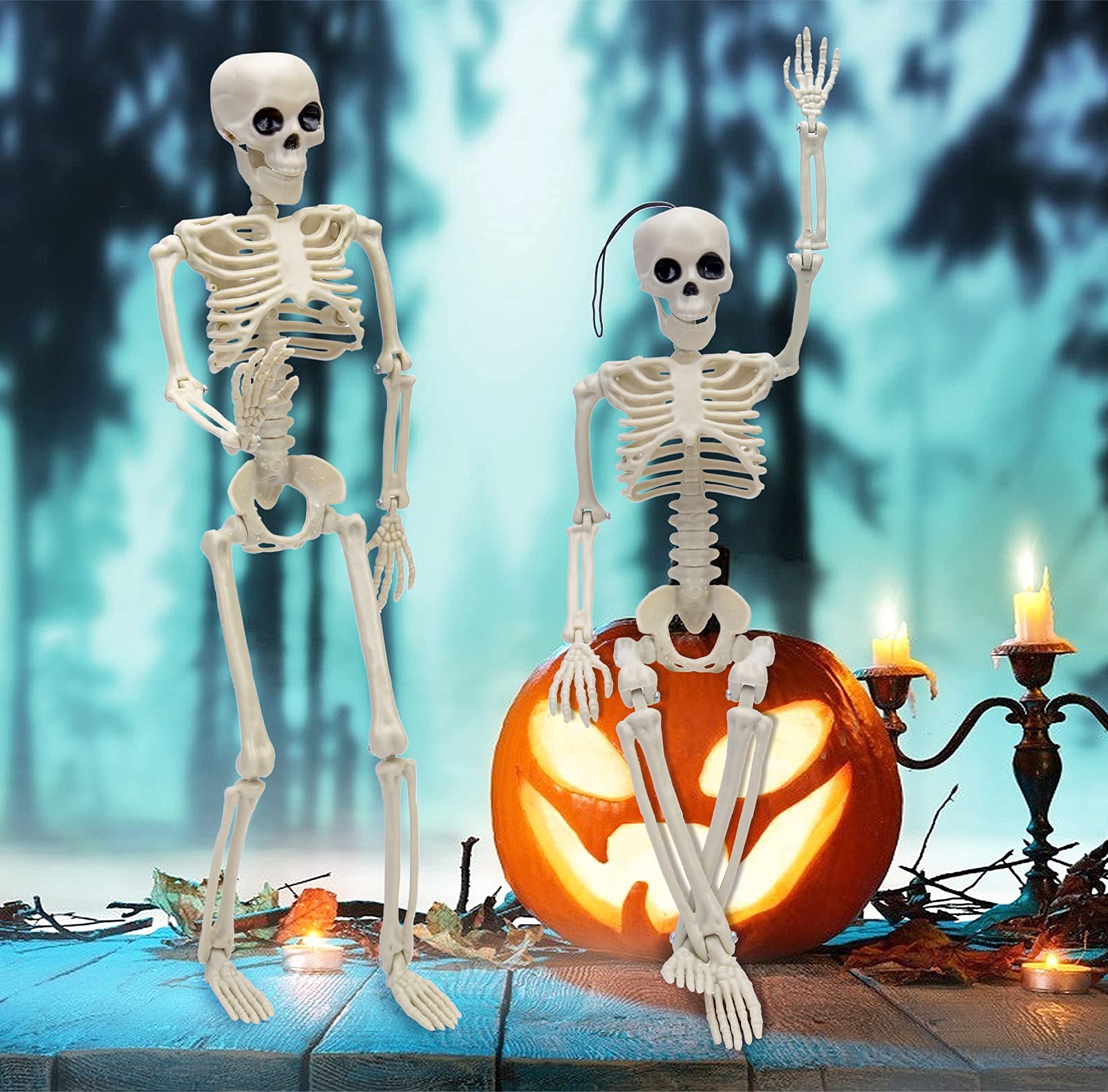 2PCS Skeleton Halloween Decorations, 16" Full Body Posable Skeleton with Movable Joints for Halloween Party Haunted House Outdoor Yard Tree Desk Decor, Holiday Scary Toys Prizes Gifts for Kids