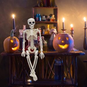 2PCS Skeleton Halloween Decorations, 16" Full Body Posable Skeleton with Movable Joints for Halloween Party Haunted House Outdoor Yard Tree Desk Decor, Holiday Scary Toys Prizes Gifts for Kids