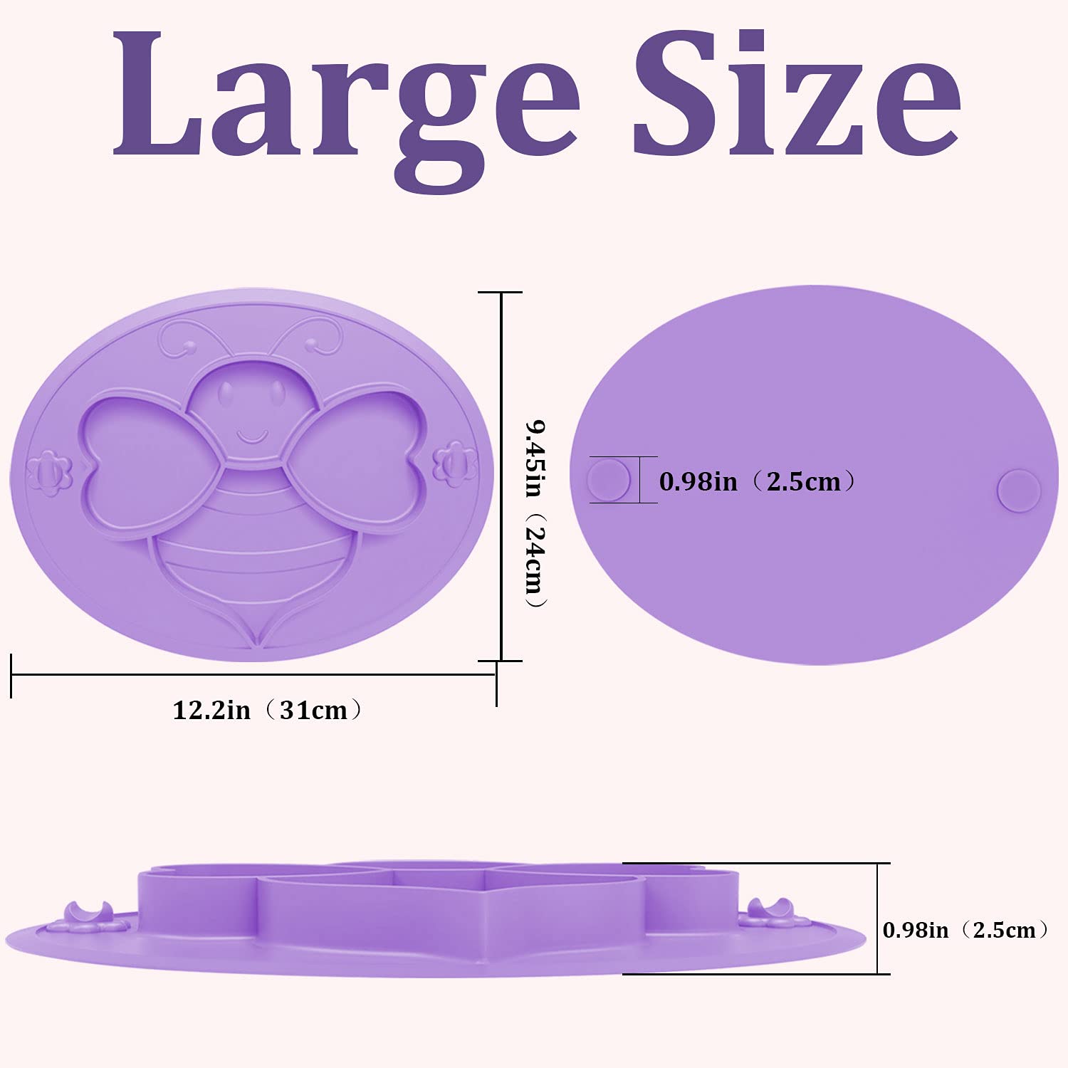 Suction Plates for Baby Toddler, Silicone Kids Plates, BPA Free Food Grade Silicone, Microwave and Dishwasher Safe, Bee Divided Design, Purple