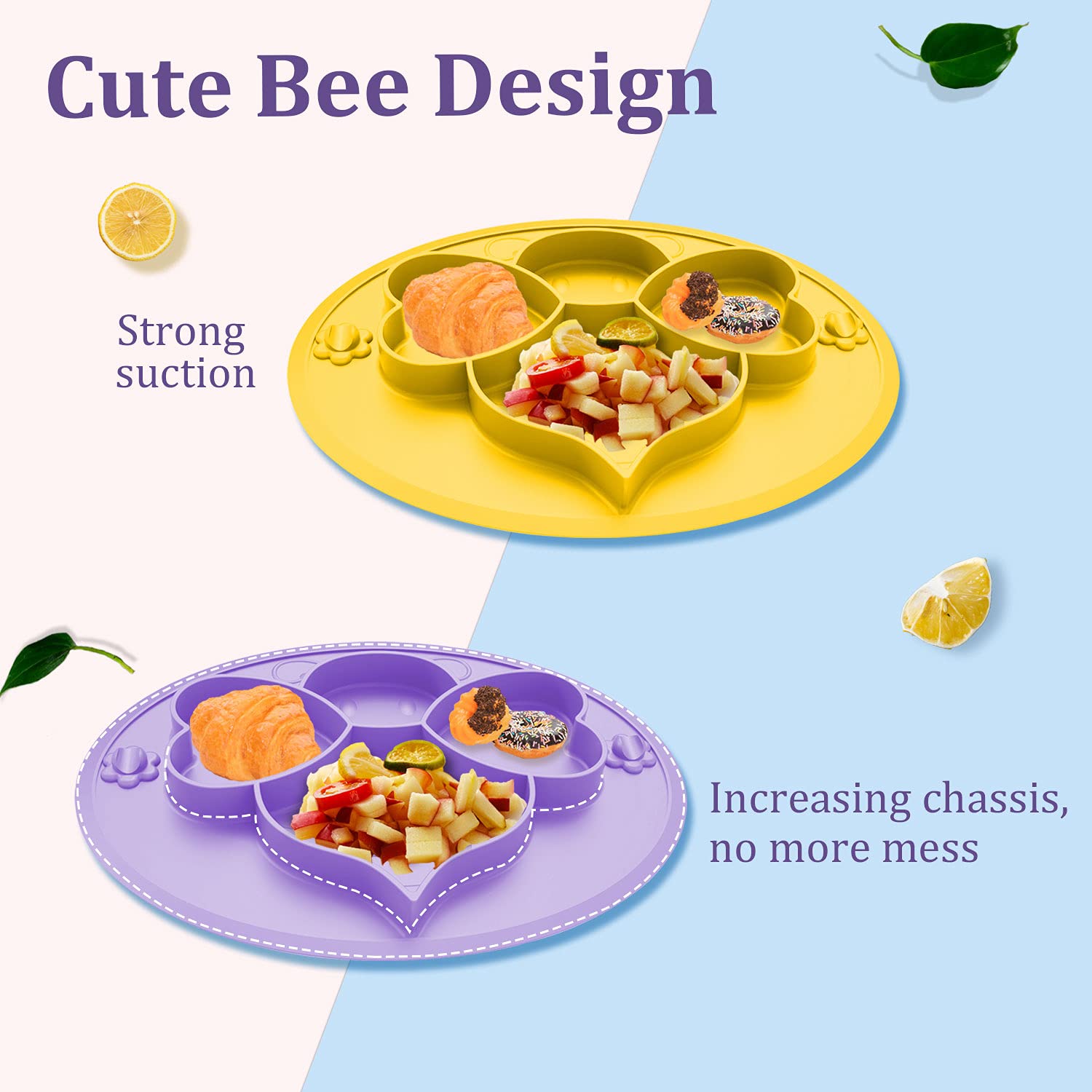 Suction Plates for Baby Toddler, Silicone Kids Plates, BPA Free Food Grade Silicone, Microwave and Dishwasher Safe, Bee Divided Design, Purple