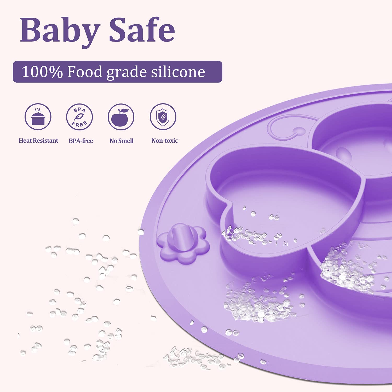 Suction Plates for Baby Toddler, Silicone Kids Plates, BPA Free Food Grade Silicone, Microwave and Dishwasher Safe, Bee Divided Design, Purple