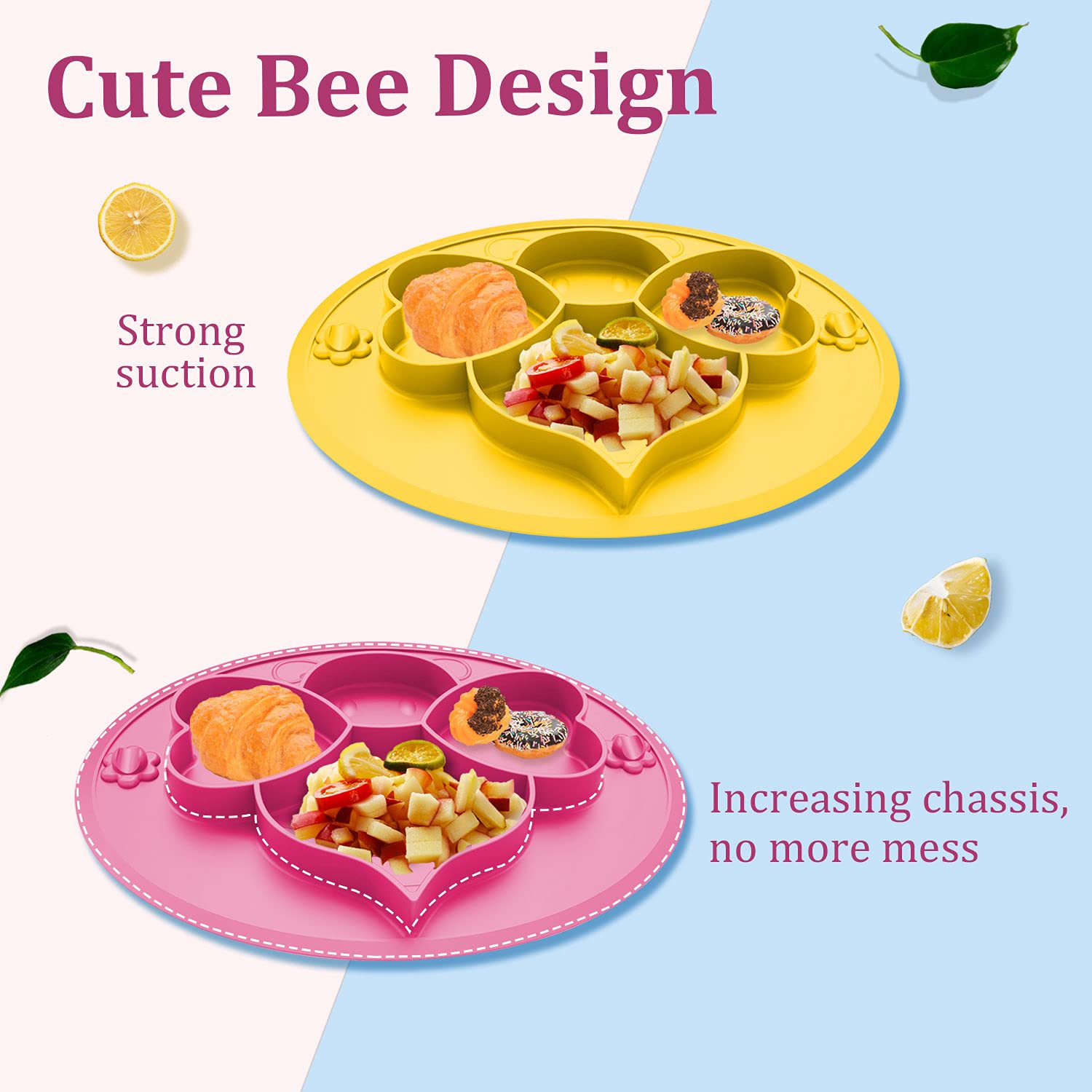 Suction Plates for Baby Toddler, Silicone Kids Plates, BPA Free Food Grade Silicone, Microwave and Dishwasher Safe, Bee Divided Design, Peach