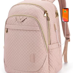 BAGSMART 15.6 Inch Pink Quilted Laptop Backpack for Women with USB Charging Port