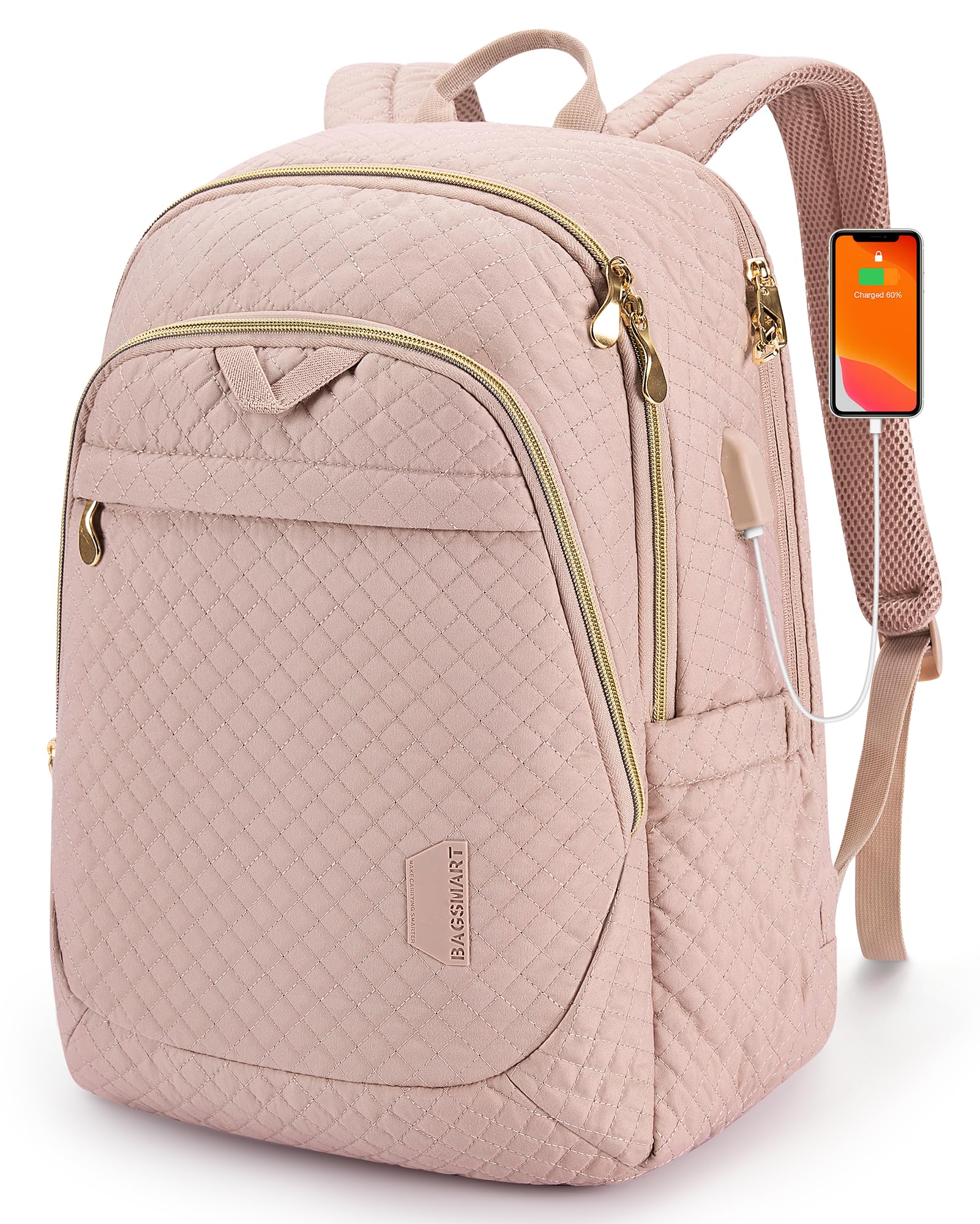 BAGSMART 15.6 Inch Pink Quilted Laptop Backpack for Women with USB Charging Port