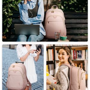 BAGSMART 15.6 Inch Pink Quilted Laptop Backpack for Women with USB Charging Port