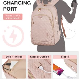 BAGSMART 15.6 Inch Pink Quilted Laptop Backpack for Women with USB Charging Port