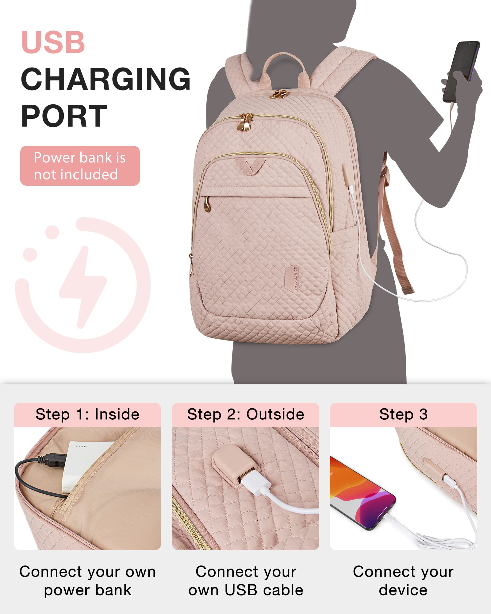 BAGSMART 15.6 Inch Pink Quilted Laptop Backpack for Women with USB Charging Port