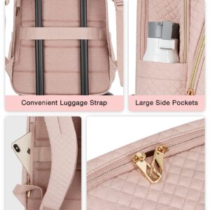 BAGSMART 15.6 Inch Pink Quilted Laptop Backpack for Women with USB Charging Port