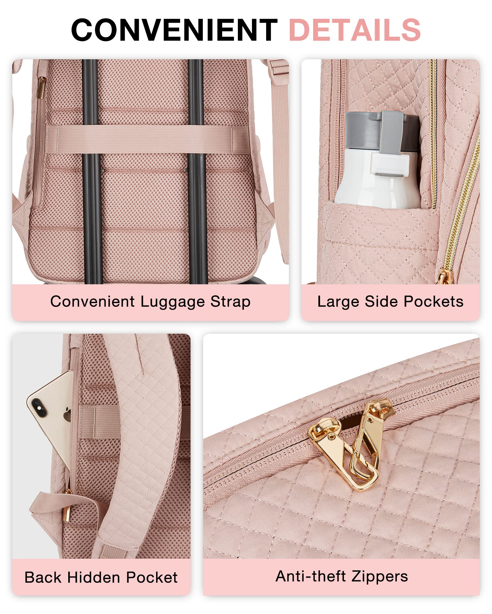 BAGSMART 15.6 Inch Pink Quilted Laptop Backpack for Women with USB Charging Port