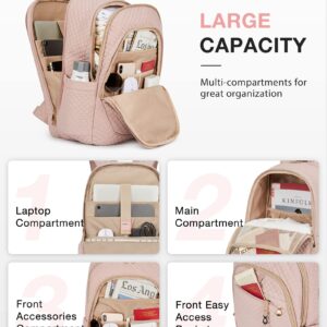 BAGSMART 15.6 Inch Pink Quilted Laptop Backpack for Women with USB Charging Port