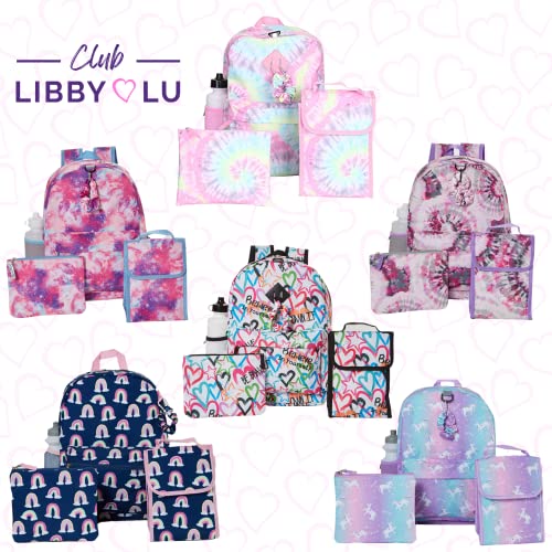 CLUB LIBBY LU Tie Dye Backpack Set for Girls, 16 inch, 6 Pieces - Includes Foldable Lunch Bag, Water Bottle, Scrunchie, & Pencil Case