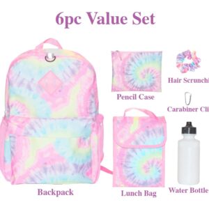 CLUB LIBBY LU Tie Dye Backpack Set for Girls, 16 inch, 6 Pieces - Includes Foldable Lunch Bag, Water Bottle, Scrunchie, & Pencil Case