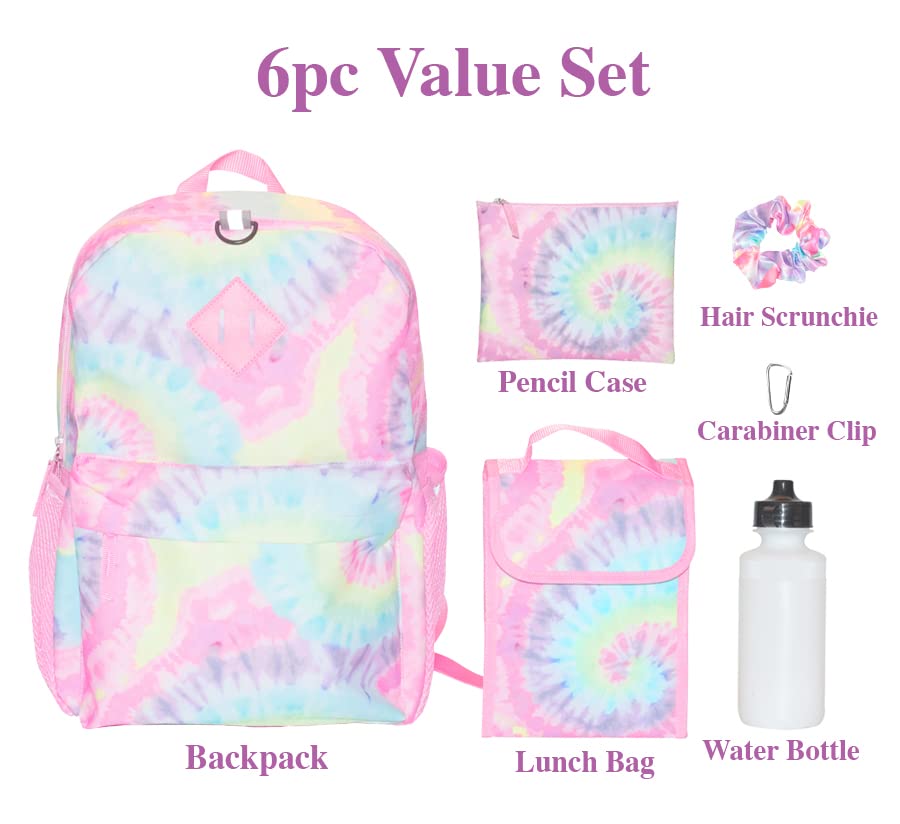 CLUB LIBBY LU Tie Dye Backpack Set for Girls, 16 inch, 6 Pieces - Includes Foldable Lunch Bag, Water Bottle, Scrunchie, & Pencil Case