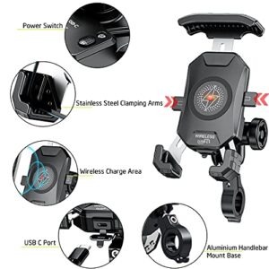 iMESTOU Anti-Theft Motorcycle Wireless Phone Mount Charger 15W & USB C 3A Handlebar 1" Ball Stem Phone Holder Works with 12V/24V Vehicle/USB Socket 720 Rotation Quick Charge for 4.0-7.0" Cellphones