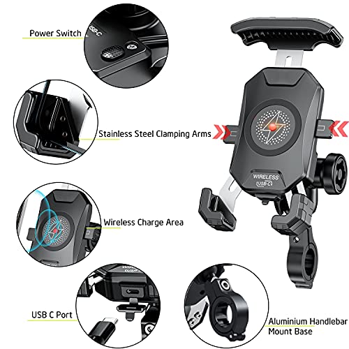 iMESTOU Anti-Theft Motorcycle Wireless Phone Mount Charger 15W & USB C 3A Handlebar 1" Ball Stem Phone Holder Works with 12V/24V Vehicle/USB Socket 720 Rotation Quick Charge for 4.0-7.0" Cellphones