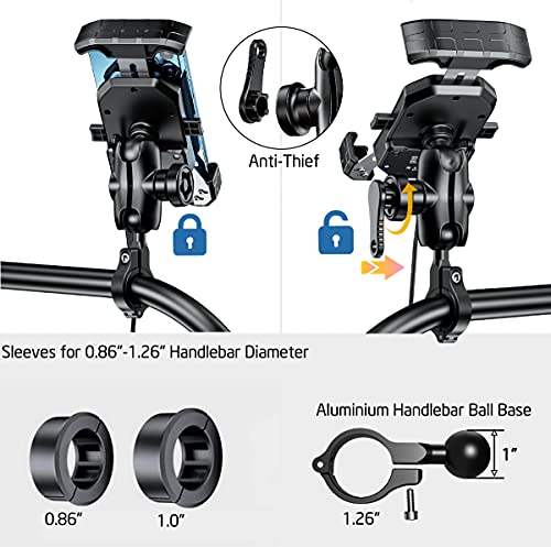 iMESTOU Anti-Theft Motorcycle Wireless Phone Mount Charger 15W & USB C 3A Handlebar 1" Ball Stem Phone Holder Works with 12V/24V Vehicle/USB Socket 720 Rotation Quick Charge for 4.0-7.0" Cellphones