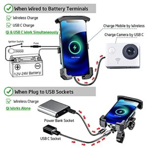 iMESTOU Anti-Theft Motorcycle Wireless Phone Mount Charger 15W & USB C 3A Handlebar 1" Ball Stem Phone Holder Works with 12V/24V Vehicle/USB Socket 720 Rotation Quick Charge for 4.0-7.0" Cellphones