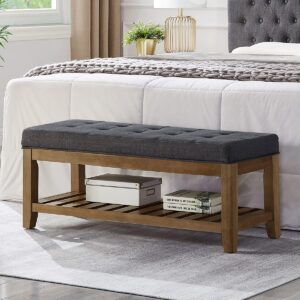 24kf large rectangular upholstered tufted linen fabric ottoman bench, padded bench with solid wood shelf-charcoal