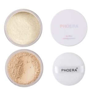 2 pcs phoera setting powder, control oil brighten skin color cover blemish face setting loose powder。 (01# translucent & 02# cool beige)