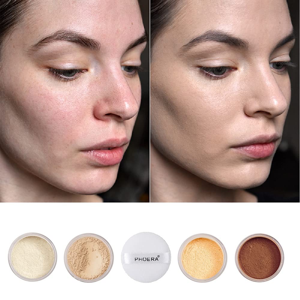 2 Pcs PHOERA Setting Powder, Control Oil Brighten Skin Color Cover Blemish Face Setting Loose Powder。 (01# Translucent & 02# Cool Beige)