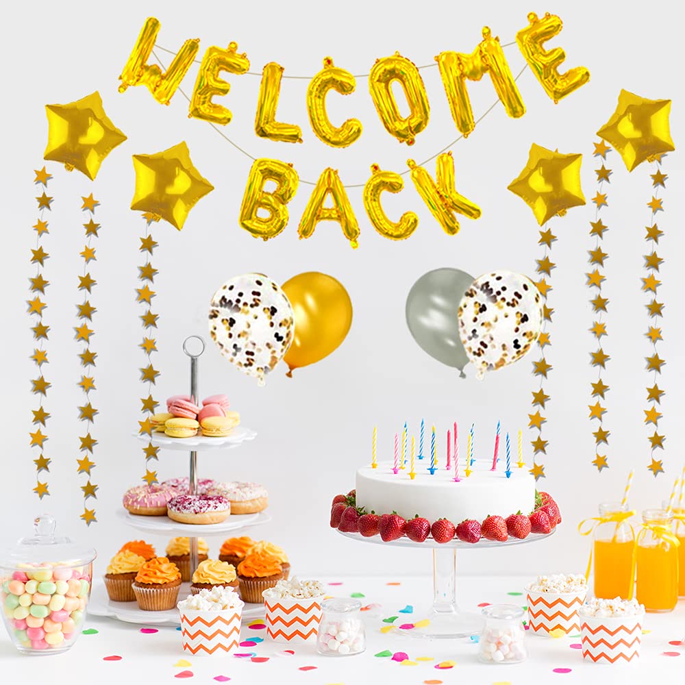 66 Pieces Welcome Back Balloon Banner Decorations Kit with Gold Welcome Back and Star Banner Gold Silver Confetti Glitter Balloons Star Shape Balloons for School Classroom, Wedding, Home Party Decors