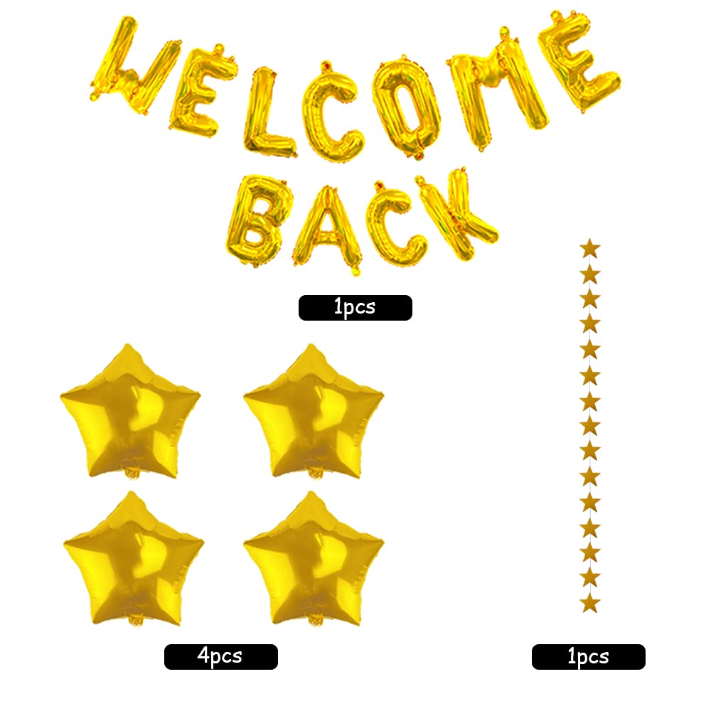 66 Pieces Welcome Back Balloon Banner Decorations Kit with Gold Welcome Back and Star Banner Gold Silver Confetti Glitter Balloons Star Shape Balloons for School Classroom, Wedding, Home Party Decors