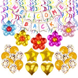 welcome back sign banner decoration kit including welcome back banner flower star heart shape balloons gold confetti glitter balloons and hanging swirls for home, school, office party decor supplies