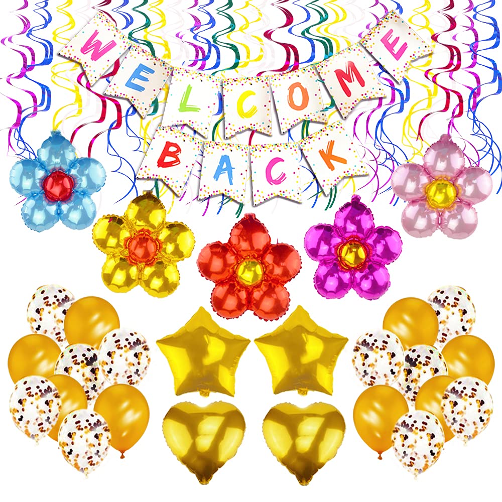 Welcome Back Sign Banner Decoration Kit Including Welcome Back Banner Flower Star Heart Shape Balloons Gold Confetti Glitter Balloons and Hanging Swirls for Home, School, Office Party Decor Supplies