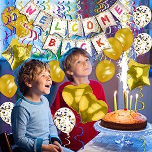 Welcome Back Sign Banner Decoration Kit Including Welcome Back Banner Flower Star Heart Shape Balloons Gold Confetti Glitter Balloons and Hanging Swirls for Home, School, Office Party Decor Supplies