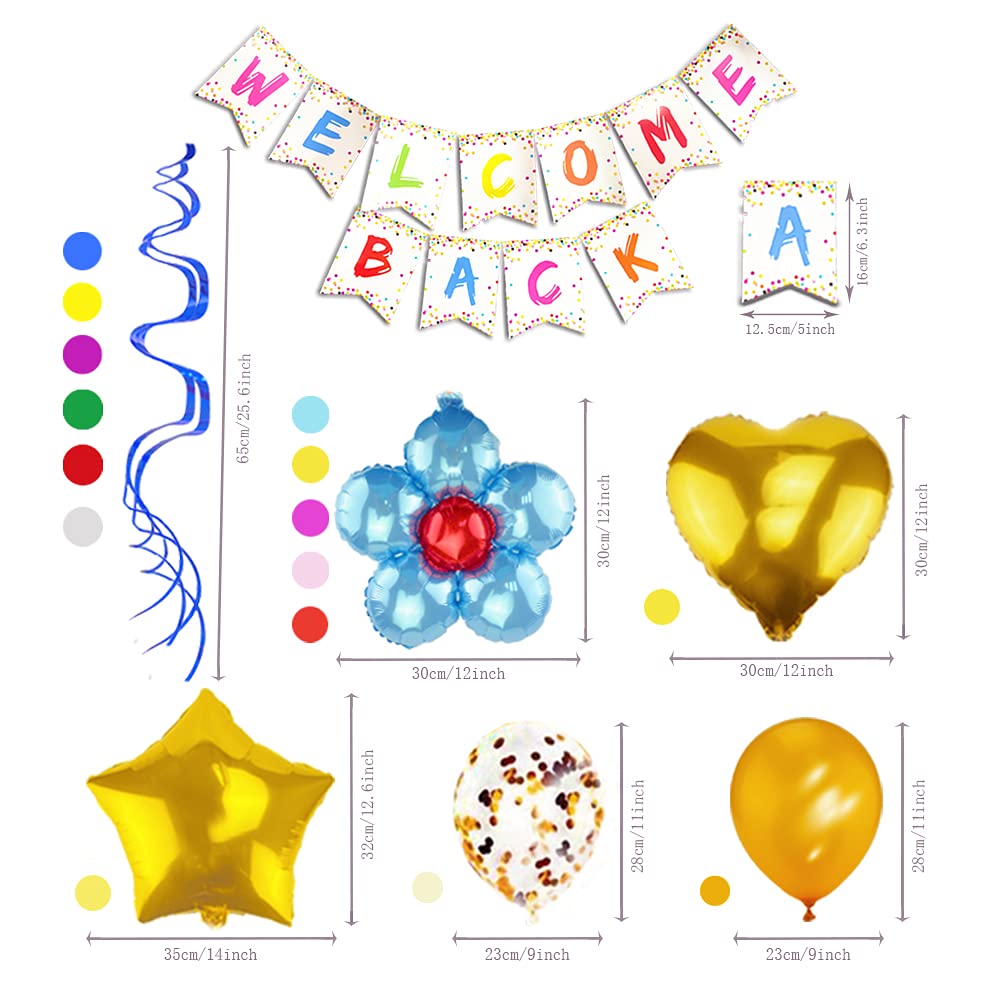 Welcome Back Sign Banner Decoration Kit Including Welcome Back Banner Flower Star Heart Shape Balloons Gold Confetti Glitter Balloons and Hanging Swirls for Home, School, Office Party Decor Supplies